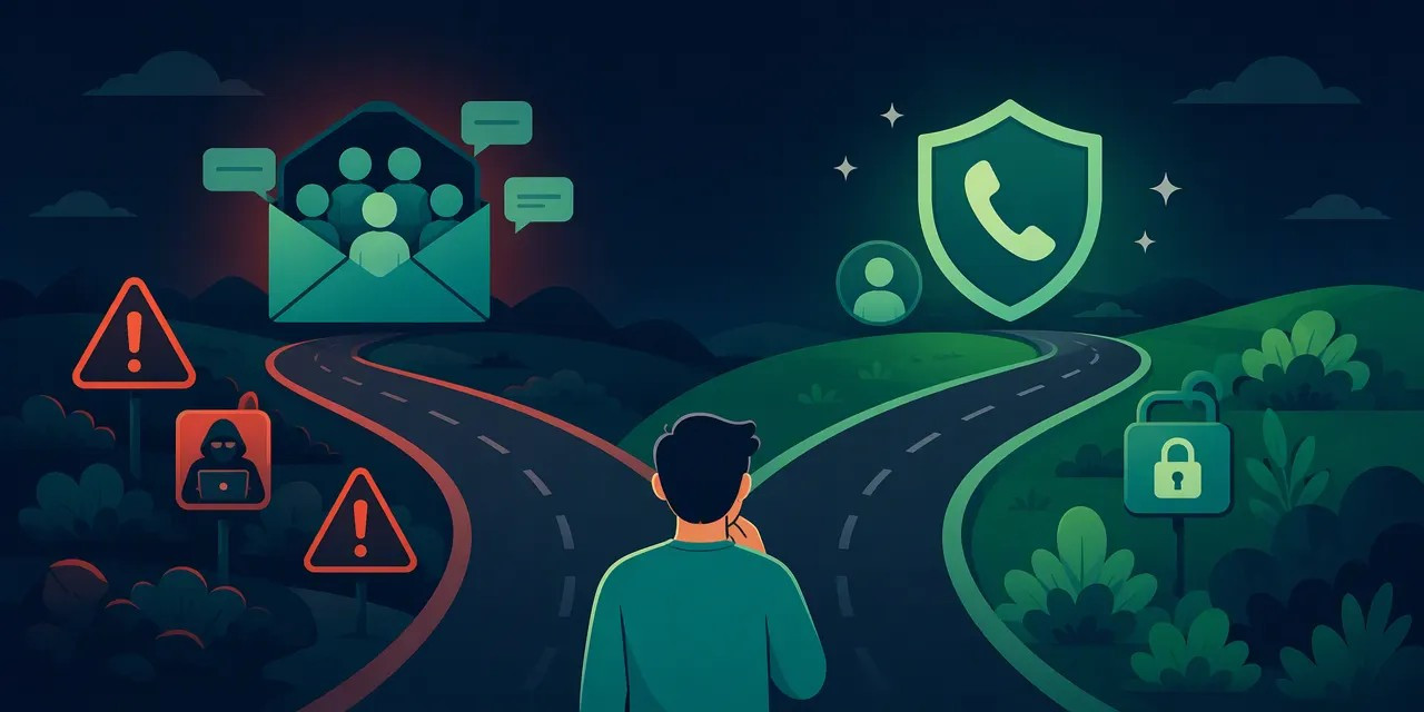 Decision path for WhatsApp verification: risky free public inbox road versus safe paid private number road