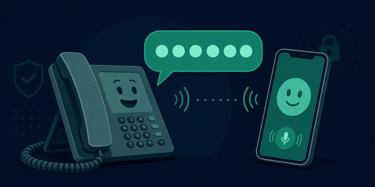 Landline voice call verification for WhatsApp: desk phone speaking a six digit code to a smartphone