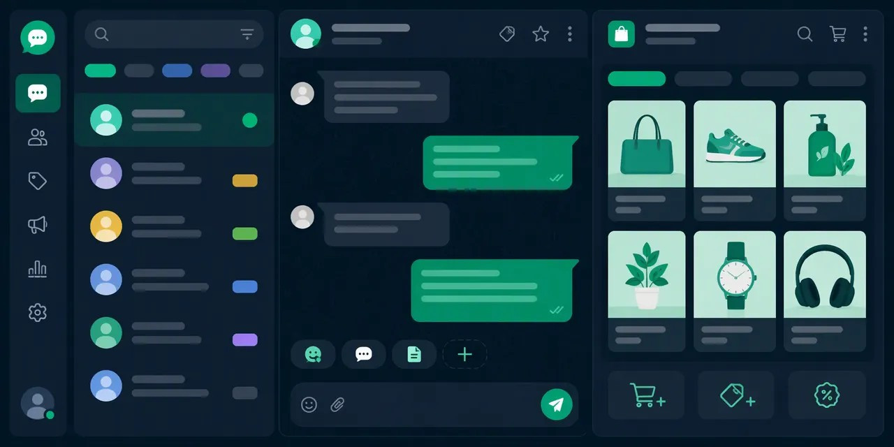 WhatsApp Business tools on a virtual number: product catalog, quick replies and chat labels on a dashboard