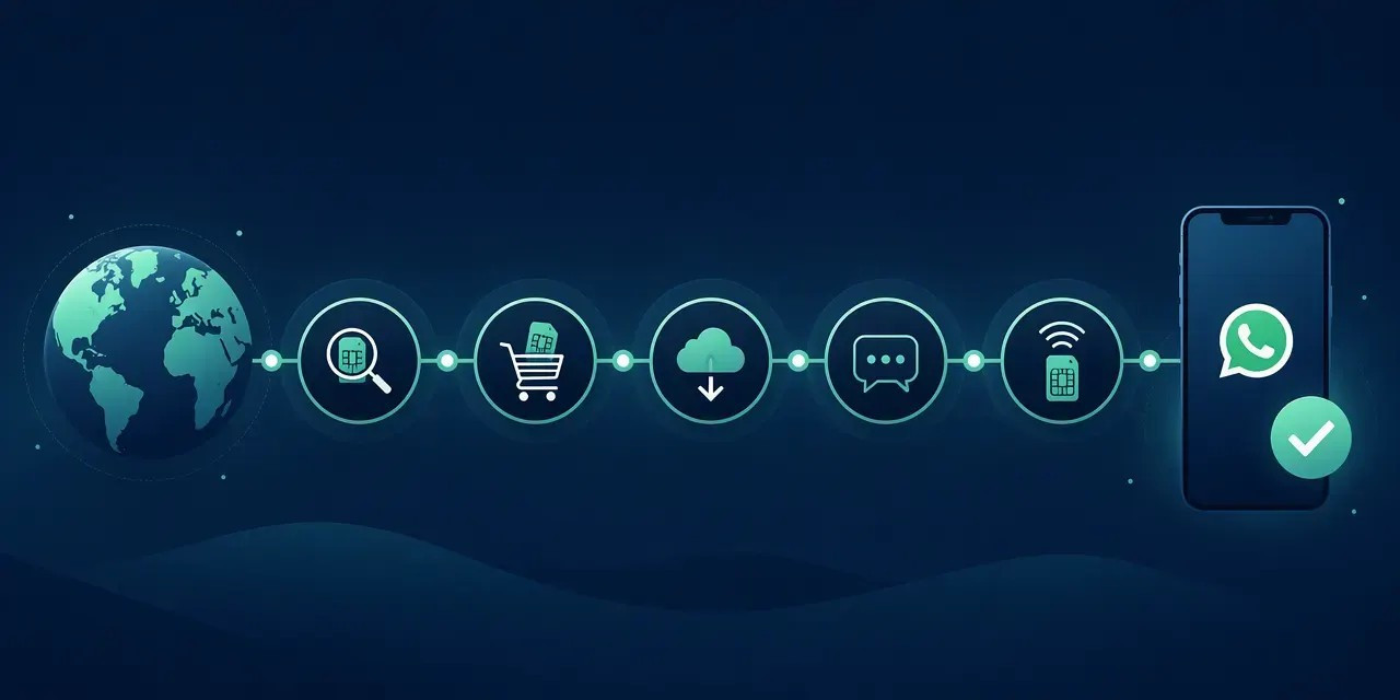 Five-step process to activate a virtual number for WhatsApp: pick provider, rent number, receive code