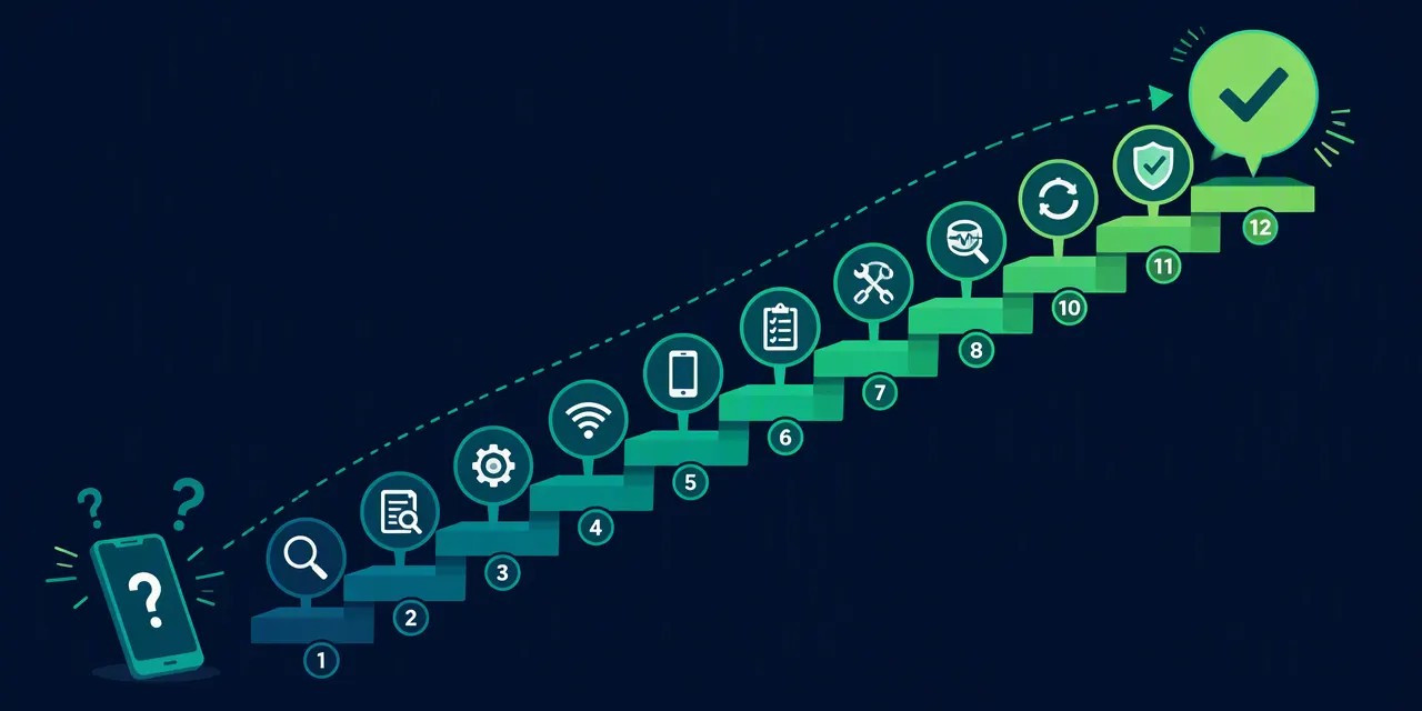 Troubleshooting ladder for a missing WhatsApp verification SMS code, from airplane mode to support escalation