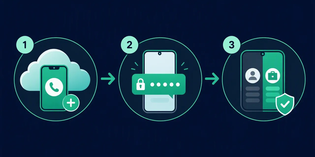 Activation flow for a second WhatsApp account: rent a virtual number, enter the code, separate work profile