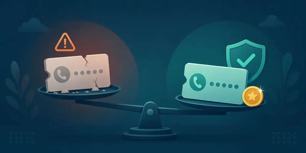 Free vs paid virtual numbers for WhatsApp: fragile free card versus shield-protected paid number